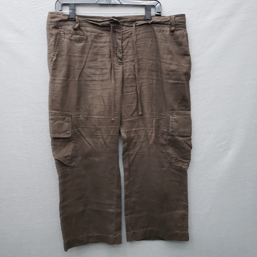 J. Crew Low Fit Cargo Capri Pants Brown 100% Linen Granola Girl Size 12